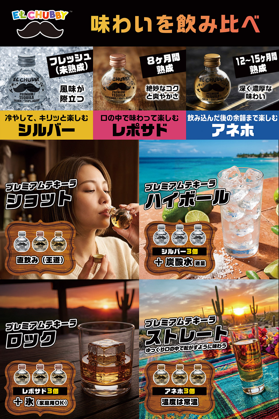味わい飲み比べ シルバー・レポサド・アネホ・ショット・ハイボール・ロック・ストレート
